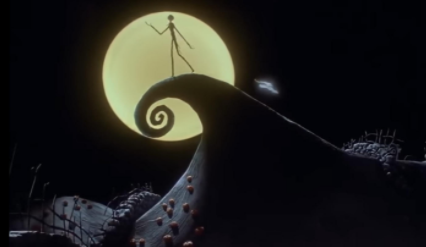 Jack Skellington stands on a mountain in Halloweentown. (Tim Burton)
