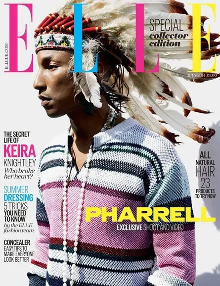 Pharrell Williams wearing traditional headdress on the cover of Julys issue of Elle Photograph: Elle Photograph