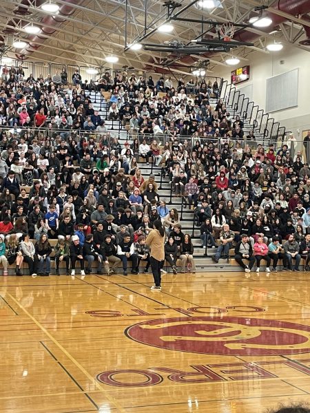 Speaker Christian Paige gives a speech on Martin Luther King Jr. at the MLK day assembly on January 11, 2024 in front of students of Cavelero Mid High School.