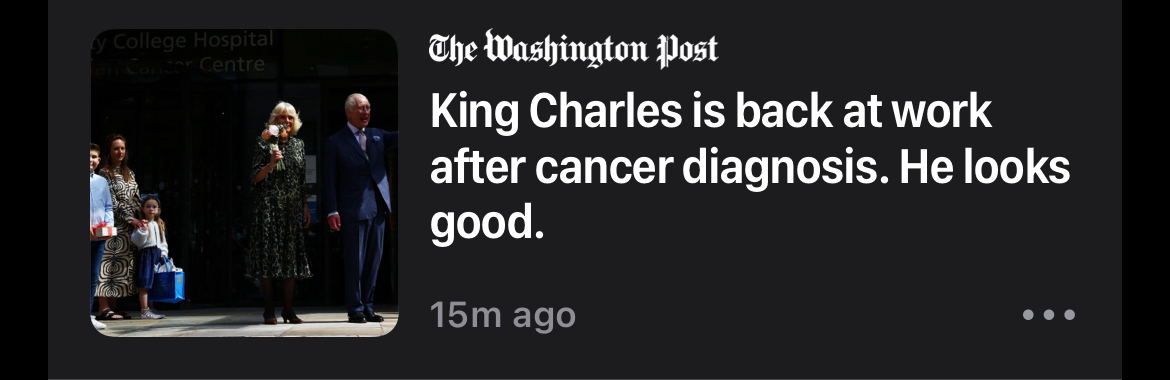 Screenshot from an article by The Washington Post commenting inappropriately on the appearance of King Charles. 
